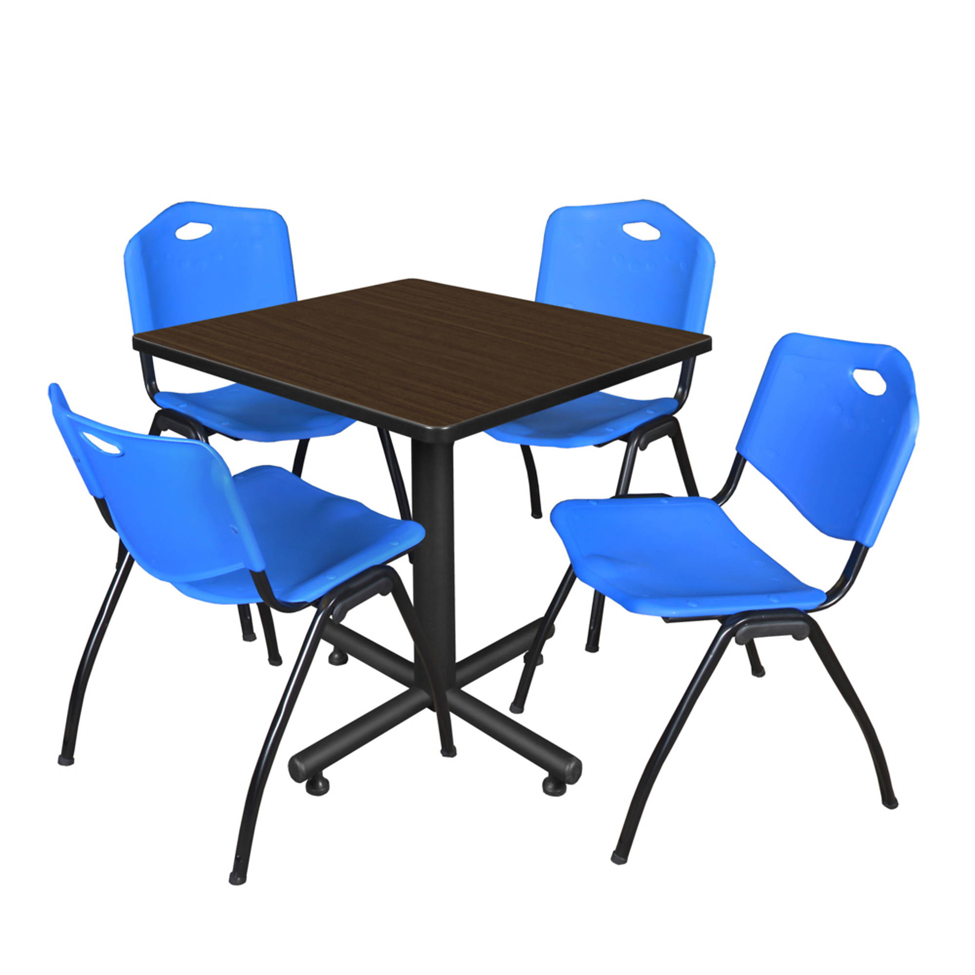 Regency Furniture Kobe Breakroom Table Set — 30in. Square, Neo Walnut, 4 Blue 'M' Stack Chairs, Model# TKB3030NW47BE